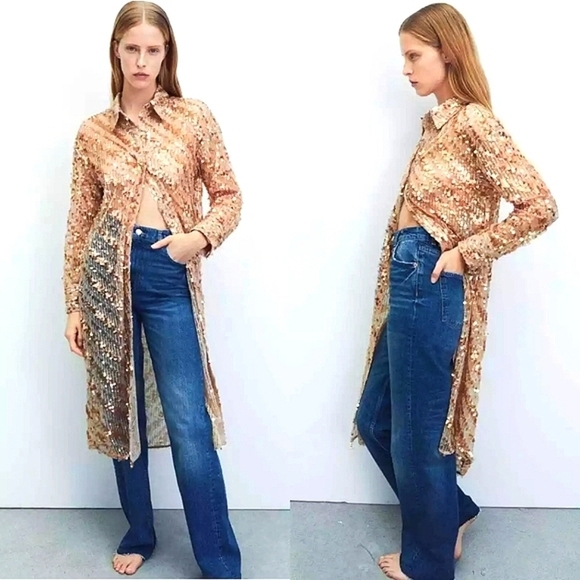 Zara Sequin Button Up Sheer Cardigan Long Sleeve Midi Shirtdress Rose Gold sz M - Picture 9 of 9